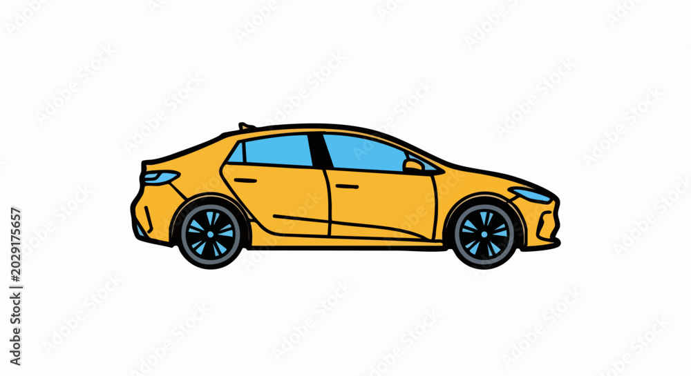 Obraz premium Yellow sedan car with black wheels and blue windows isolated on white background.