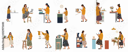 Flat vector illustration set of a young woman working from home, multitasking with daily chores and using various digital gadgets in domestic settings.