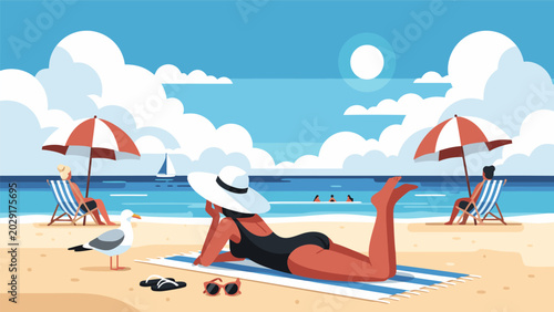 Schilderij op canvas A couple enjoys a relaxing day at the beach under umbrellas, with a woman loungi