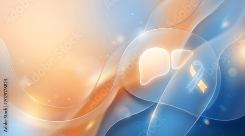 An abstract concept of liver health on a background created using the “glassmorphism” technique, featuring an icon of a human organ and an awareness ribbon for medical design. AI generated.