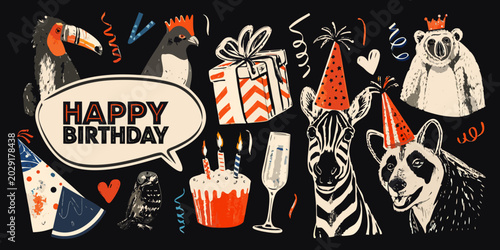 vector birthday party collage featuring animals and festive elements