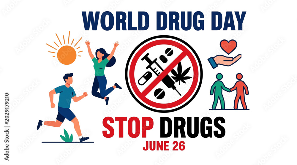 Fototapeta premium World Drug Day awareness vector illustration with stop drugs campaign and healthy lifestyle support concept