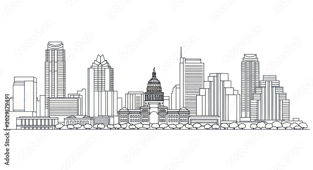 Obraz premium Austin Texas Skyline Black and White Line Art Drawing