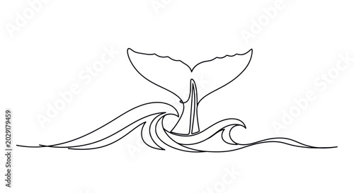 Bild auf Leinwand Whale Tail Fin Splash, Ocean Wave Line Art Illustration
