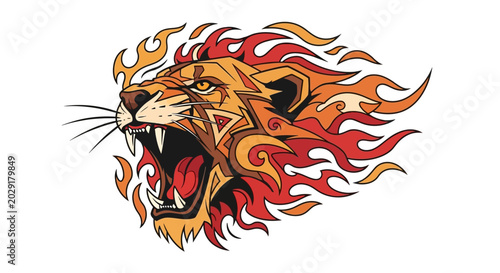 Quadro su tela Fiery Lion Head with Flames.