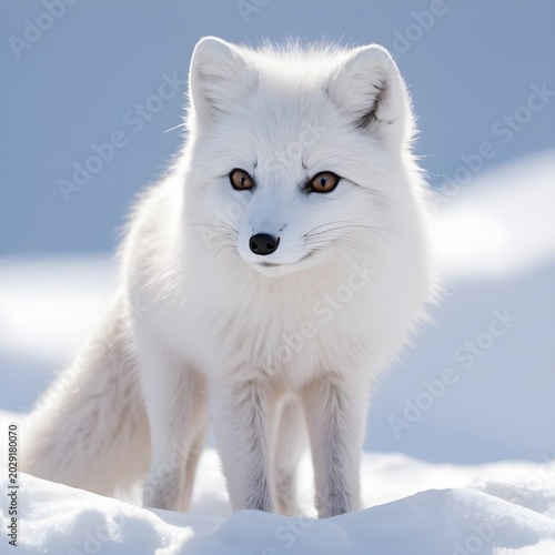 Arctic Fox in Snowy Winter Landscape with Sunlight