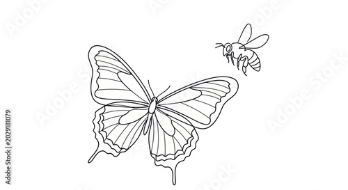 Cuadro en lienzo Line Art Butterfly and Bee Illustration