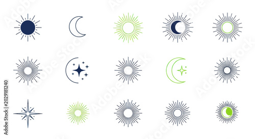 Konstfotografi Celestial Icons: Sun, Moon, Stars, and Crescent Moon Set