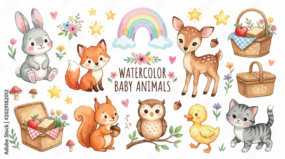 Obraz premium Watercolor baby animals collection, cute woodland forest creatures vector set, nursery illustrations with fox deer rabbit owl and squirrel