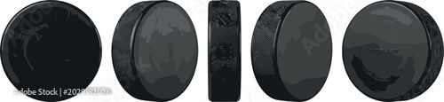 Photography Black Ice Hockey Puck Vector Set with Multiple Angles and Textured Edges for Win