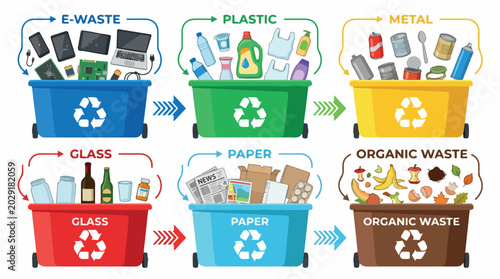 Waste sorting bins for recycling, colorful garbage containers for plastic metal glass and paper, eco-friendly waste management vector illustration