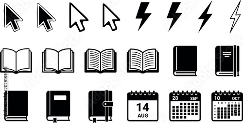 Photos Business and Education Icon Set with Mouse Cursors Lightning Bolts Open Books No