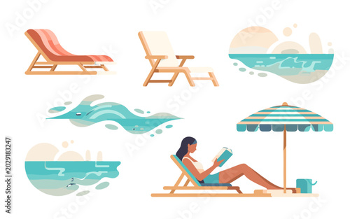 A collection of illustrations depicting a relaxing beach scene with lounge chairs, an umbrella, waves, and a person reading.