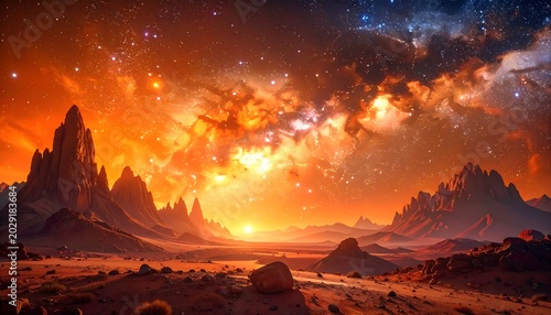 A vibrant cosmic landscape with mountains bathed in fiery orange and star-filled night sky