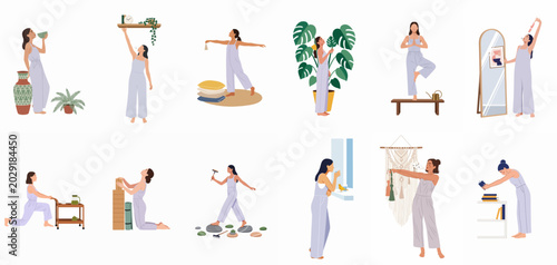 Set of flat illustrations depicting a woman engaged in various mindfulness and self-care activities for a healthy daily routine and well-being.