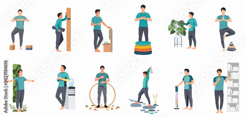 Tableau sur toile Vector illustration set of a young man practicing mindfulness, yoga, breathing exercises, and healthy lifestyle habits for mental and physical well-being