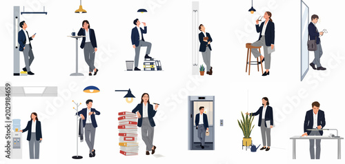 Foto Diverse set of business professionals in various office scenarios performing daily work tasks, vector illustration of corporate employees in minimalist style