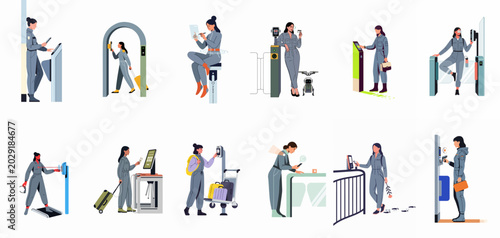 Quadro su tela Vector illustration set of a woman using various futuristic biometric security, facial recognition, and automated check-in systems at a modern airport