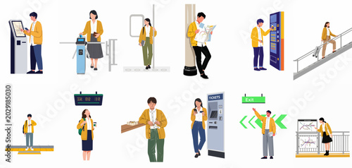 Bild auf Leinwand Flat illustration set of people in a subway or train station, depicting various commuting and travel activities like buying tickets, waiting, and navigating