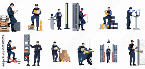 Flat vector illustrations of security and customs officers performing various inspections, document checks, and monitoring tasks in logistics and border environments.