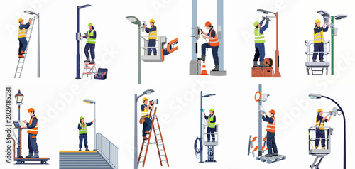 Set of Illustrations of Maintenance Workers Repairing and Installing Street Lights Using Ladders and Lift Platforms