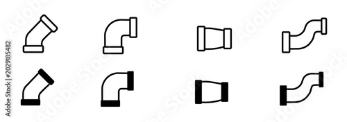 Photos Set of pipe connection icons with piping connectors, elbow and tube connection valve symbols in outline style