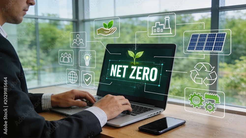 Fototapeta premium Businessman working on laptop with net zero carbon emissions concept, digital interface showing green energy icons like solar panels and recycling symbols for sustainable