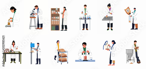 Tableau sur toile Flat illustration set of scientists and researchers working in an entomology laboratory developing sustainable insect-based food and protein products
