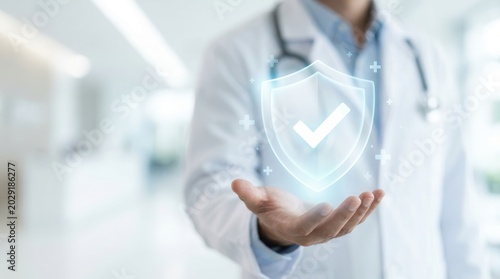 Professional doctor displaying a health insurance and life insurance policy protection symbol.