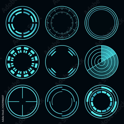 A collection of nine futuristic circular interface elements displayed on a dark background.