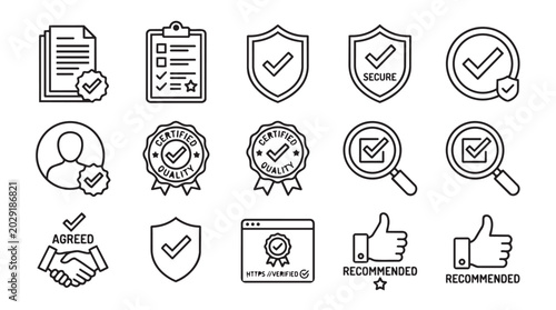 Approval certification verification recommendation line icons set with thumbs