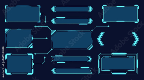 Neon blue futuristic interface elements arranged on a dark background