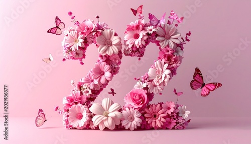Pink flowers and butterflies decorate the number twenty-two in a festive scene.