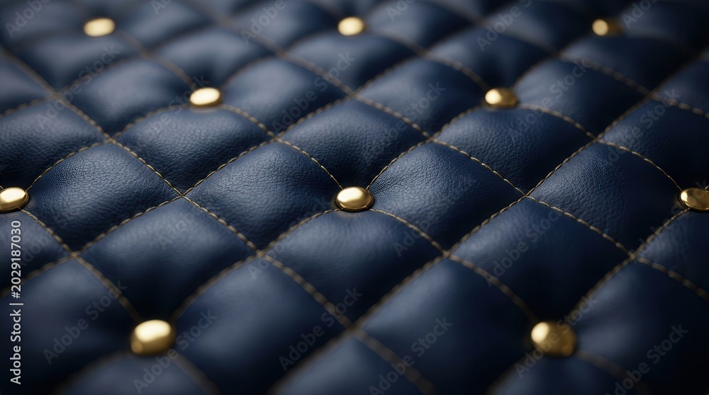 Fototapeta premium Elegant navy blue quilted leather background with gold button details and stitching.