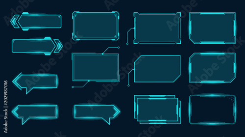 Neon speech bubbles float in dark space with various shapes.