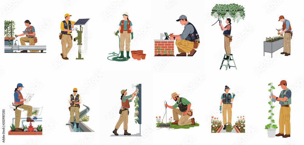 Fototapeta premium Flat Illustration Set of Professional Gardeners and Technicians Working with Smart Agricultural Systems, Vertical Farming, and Modern Irrigation Technology.