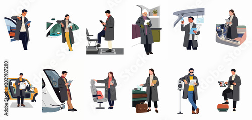 Set of flat illustrations showing diverse people in stylish coats using digital tablets and reading in various urban and travel settings.