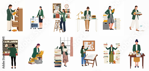 Bild auf Leinwand Set of flat vector illustrations depicting a professional woman managing various office tasks, paperwork, and organizational duties in a corporate environment