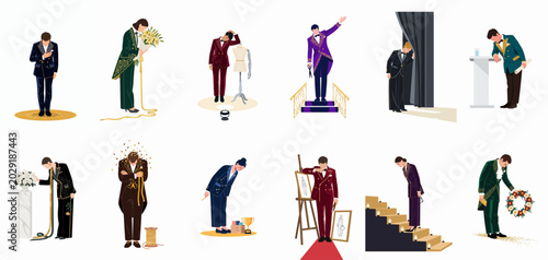Fotografía Set of elegant characters in ornate formal attire and tuxedos performing graceful bows, showcasing themes of theater, fashion, and prestigious awards ceremonies