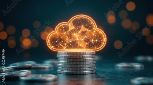 Digital transformation and automation performance management featuring stacked coins and a luminous cloud network.
