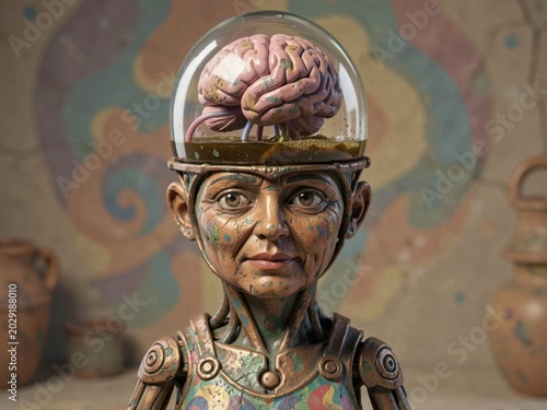 Vintage Sci-Fi Sculpture Featuring Brain Under Glass Dome With Painted Face and Metallic Armor