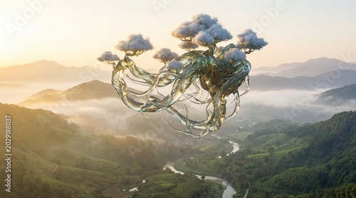 Floating Glass Tree With Cloud Canopies Over Misty Mountain Valley at Sunrise – Surreal Landscape Art