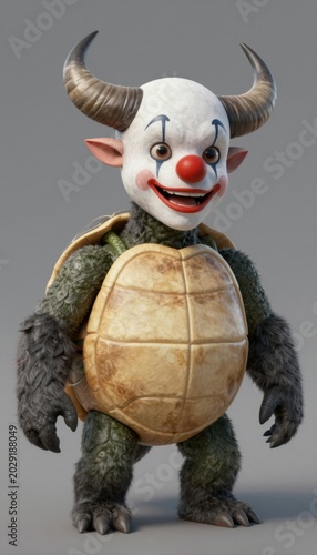 Cartoon Clown Turtle Monster With Horns And Red Nose Standing On Gray Background In 3D Rendered Style
