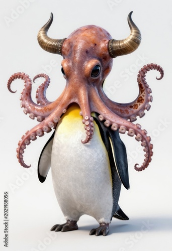 Octopus Penguin Hybrid Creature With Horns Standing Against White Background – Fantasy Animal Design