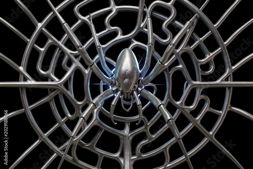 Metallic Spider Web Network Digital Art Futuristic Cybernetic Architecture Glowing Blue Center High Detail Sci-Fi Design
