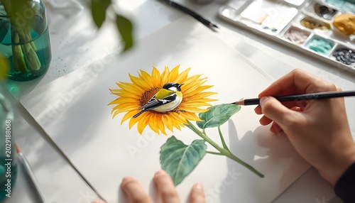 Watercolor painting of sunflower with perched bird detailed petals and leaves created by artist using brush and vibrant pigments