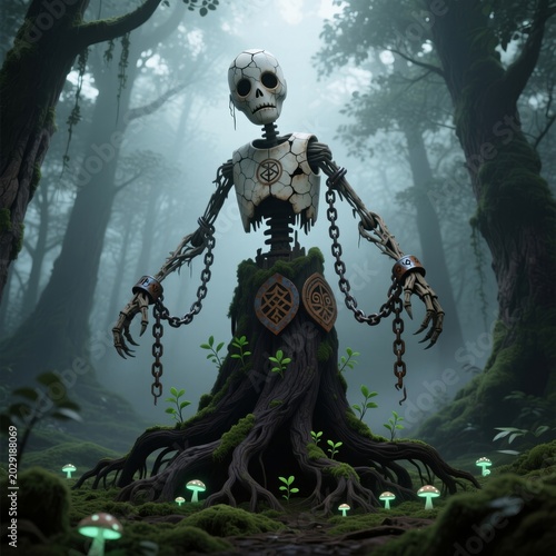 Mystical Skeletal Guardian Statue in Misty Forest with Glowing Mushrooms and Ancient Chains