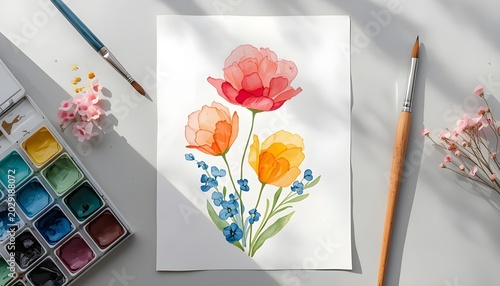 Watercolor floral painting with vibrant blossoms in red orange yellow and blue flowers on paper surrounded by brushes and pigments