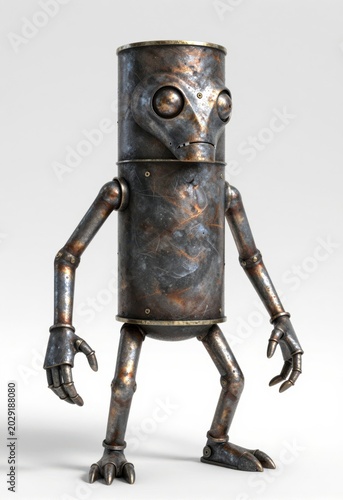 Rusty metallic robot character standing upright with articulated limbs and expressive eyes against plain white background