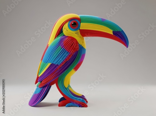 Vibrant Rainbow Toucan Sculpture Made of Plastic Strips – Abstract Artwork Featuring Bold Colors and Geometric Forms